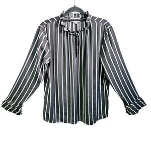 Loft Outlet Size S Ruffle Neck Popover Blouse Gray White Stripe Office Academia